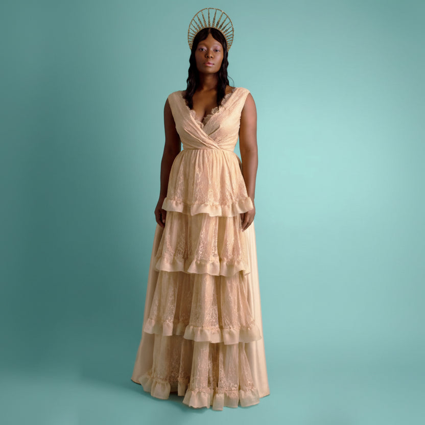 quad ruffle gown