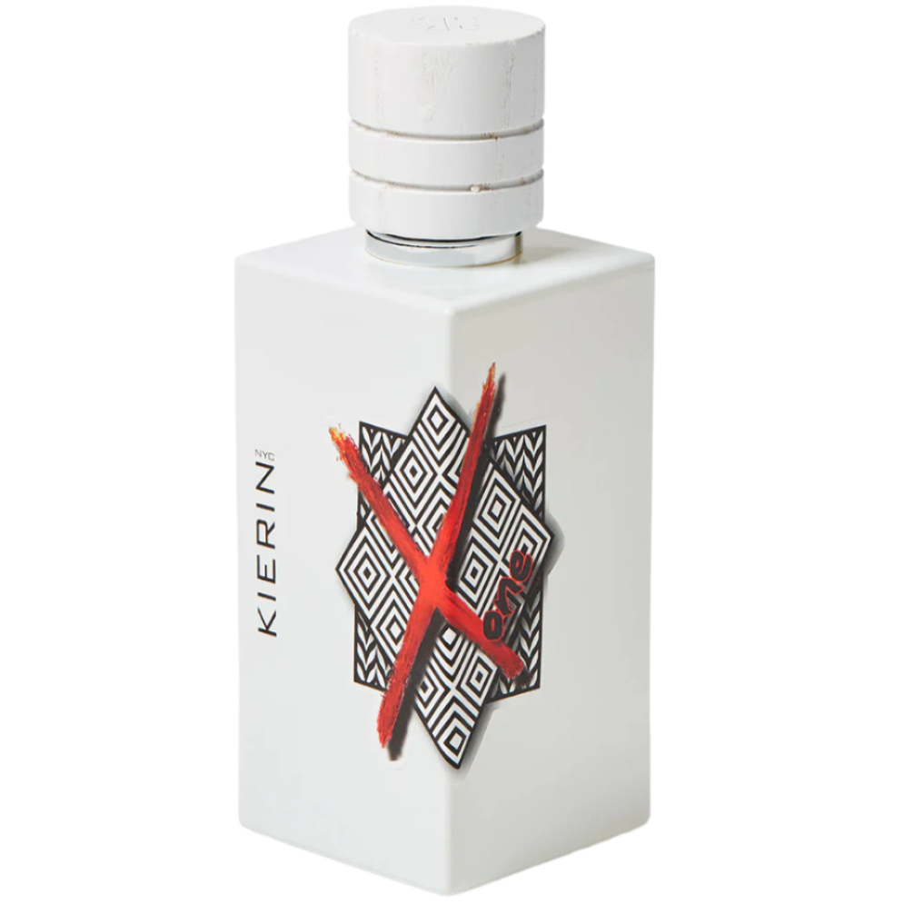 White perfume bottle with geometric design and 'Kierini' branding on a white background