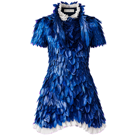 cobalt aviary feather mini dress