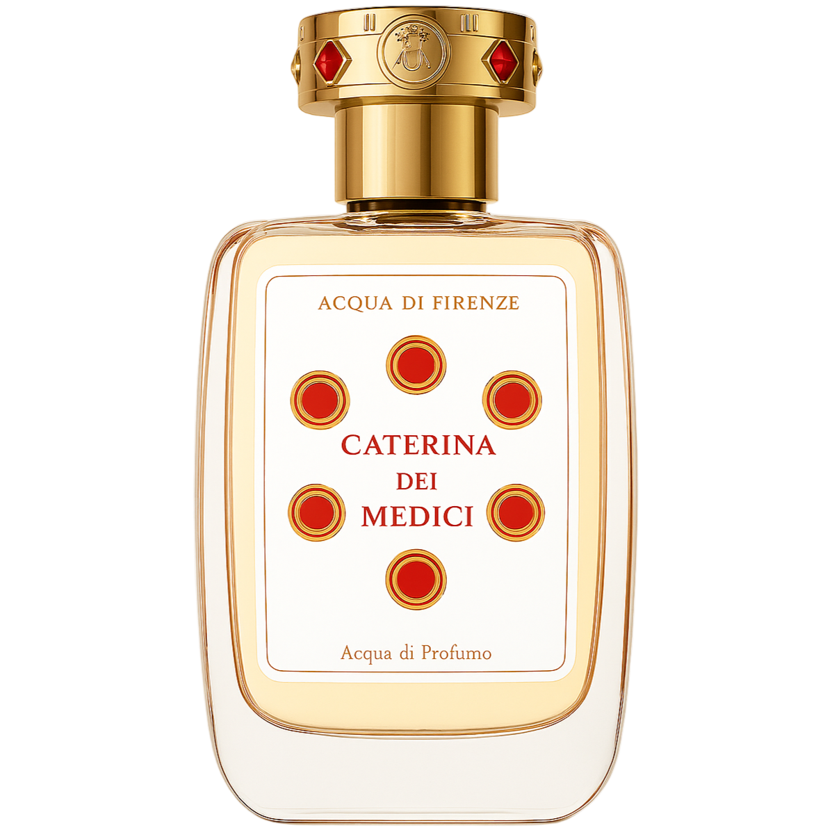 Perfume bottle labeled 'Caterina dei Medici' by Acqua di Firenze on a white background