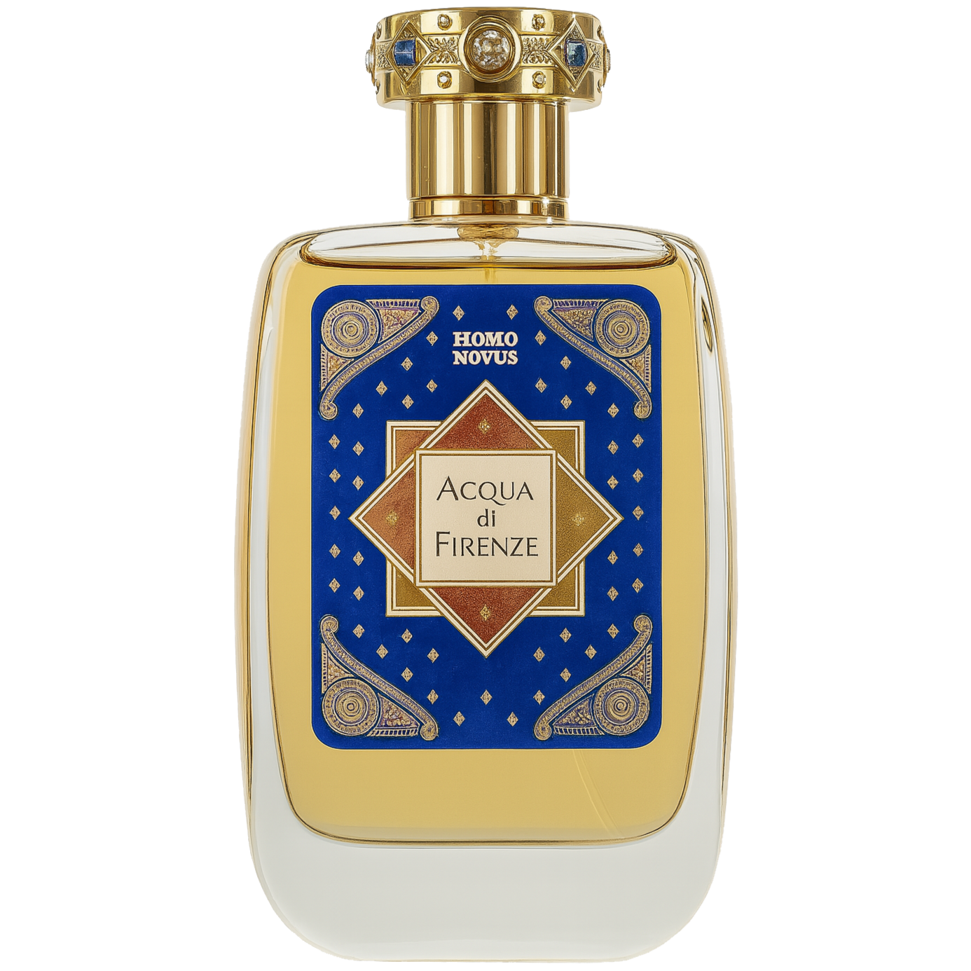 Perfume bottle with gold cap and decorative label on a white background