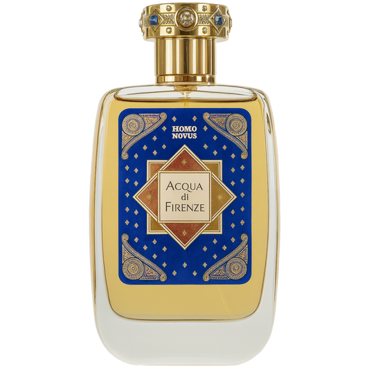 Perfume bottle with gold cap and decorative label on a white background