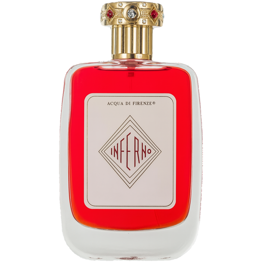 Perfume bottle with red label and gold cap on a white background