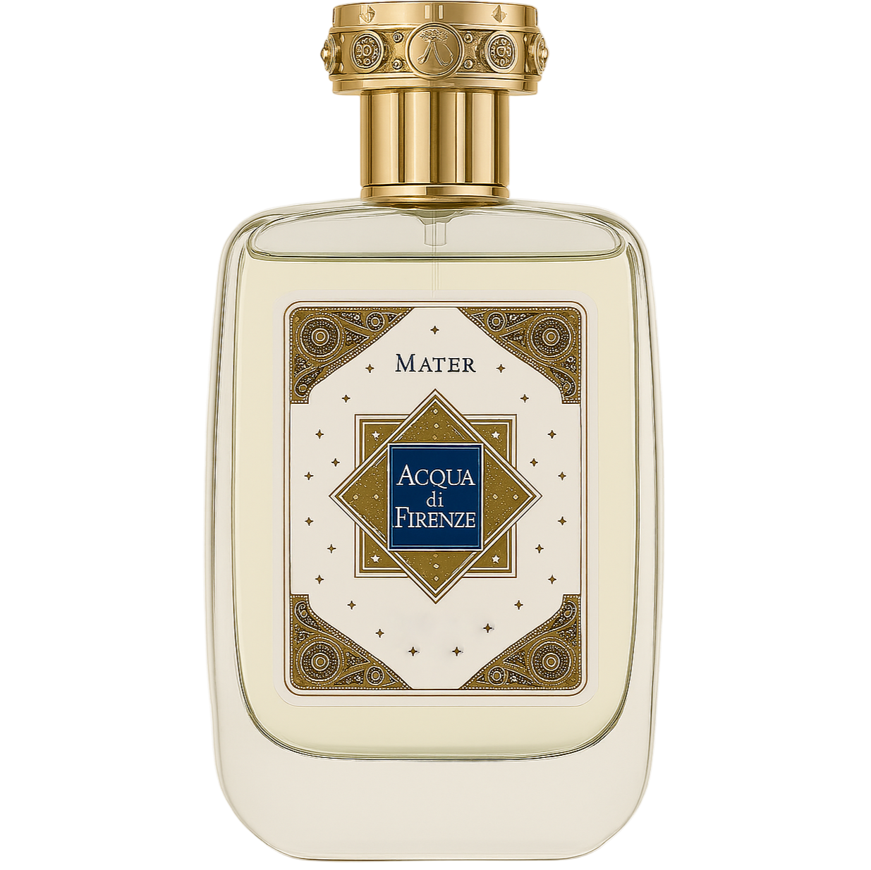 Perfume bottle with gold cap and decorative label on a white background