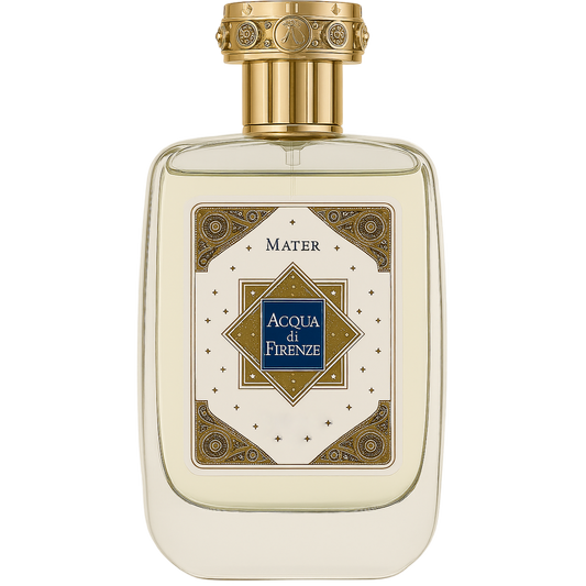 Perfume bottle with gold cap and decorative label on a white background