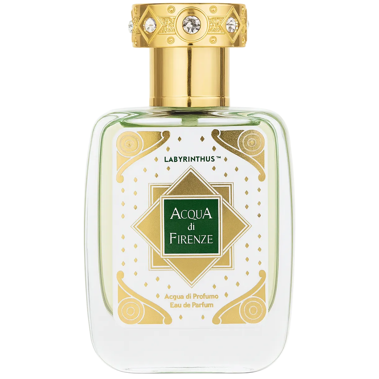 Perfume bottle with gold cap and decorative label on a white background