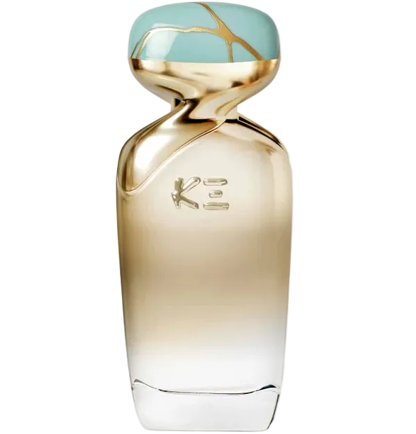 39 blue moss perfume bottle with clear to gold gradient bottle featuring a gold and blue marble style cap.