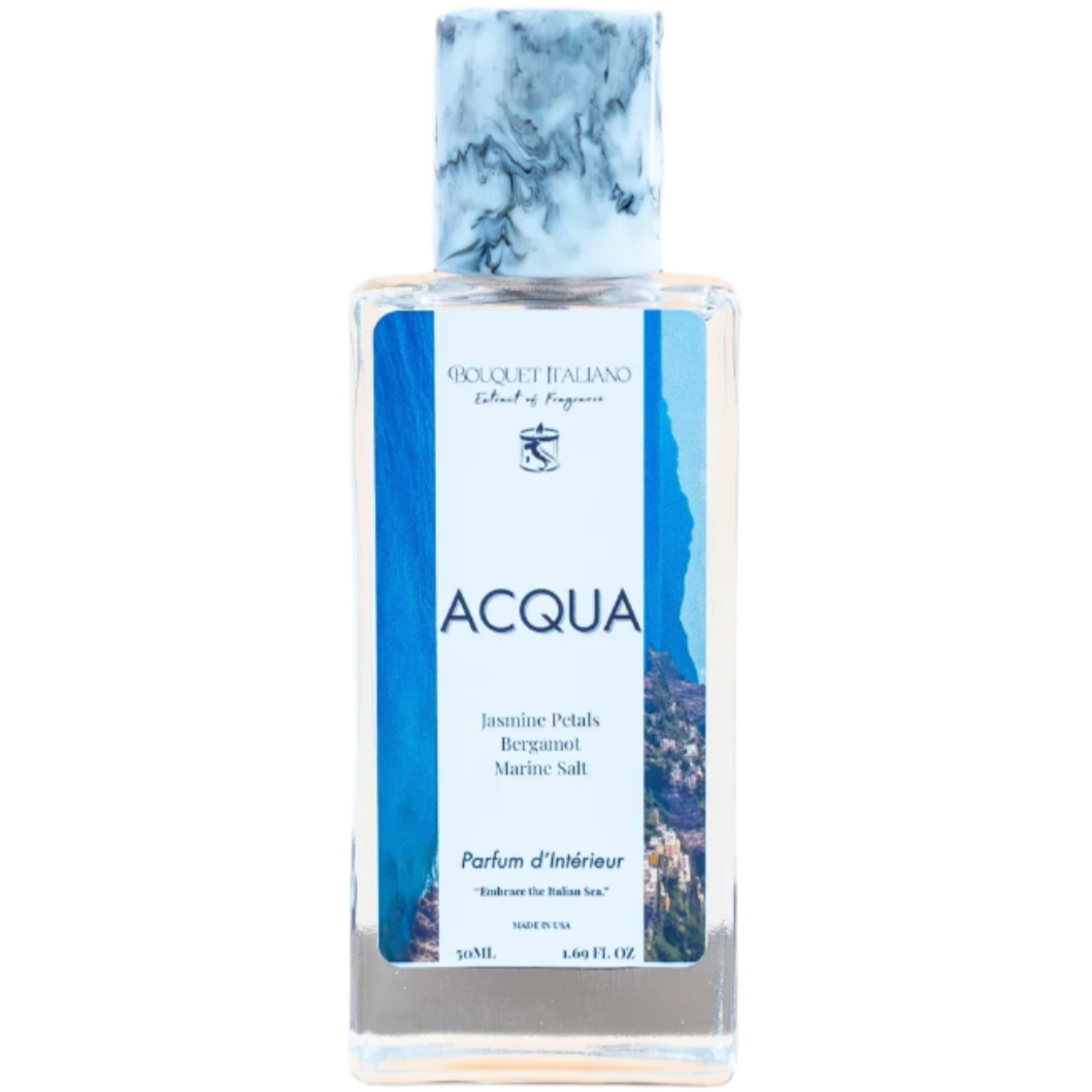 Perfume bottle labeled 'Acqua' with a marble cap on a light background