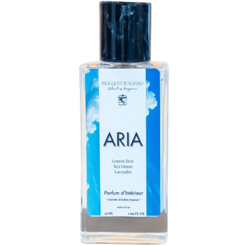 Perfume bottle labeled 'ARIA' on a light gray background