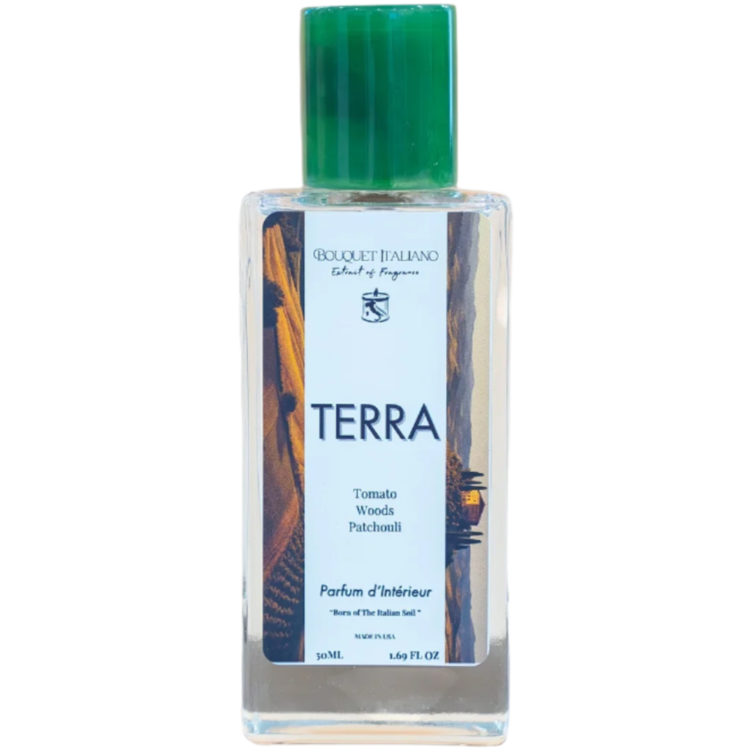 Fragrance bottle labeled 'Terra' with a green cap on a white background