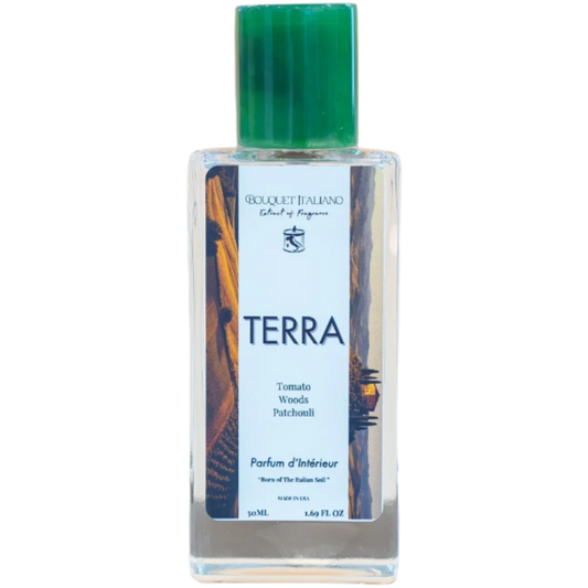 Fragrance bottle labeled 'Terra' with a green cap on a white background