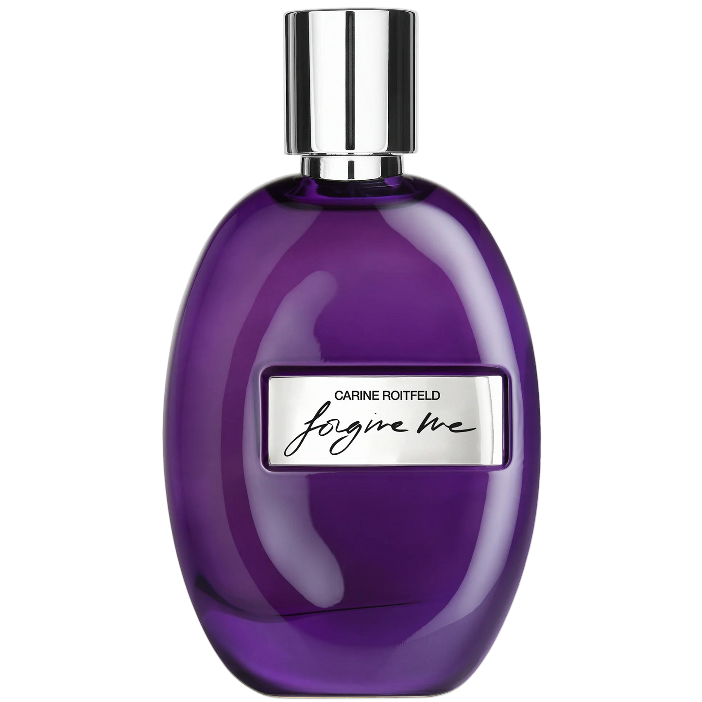 Purple perfume bottle with silver cap on a white background