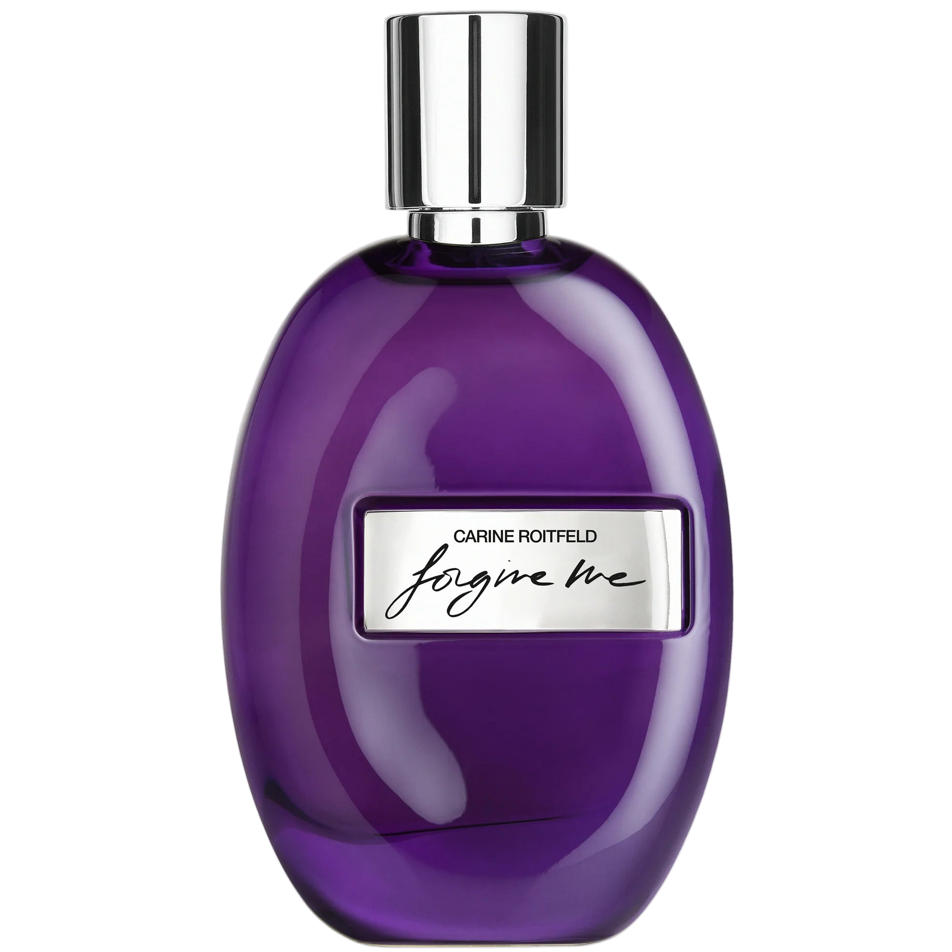 Purple perfume bottle with silver cap on a white background