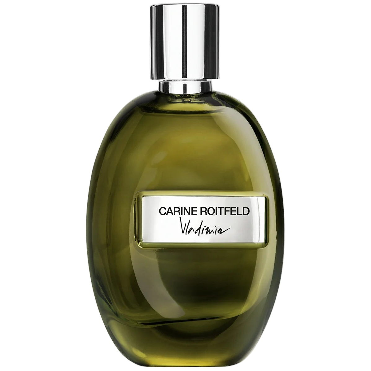 Green perfume bottle with a silver cap on a white background