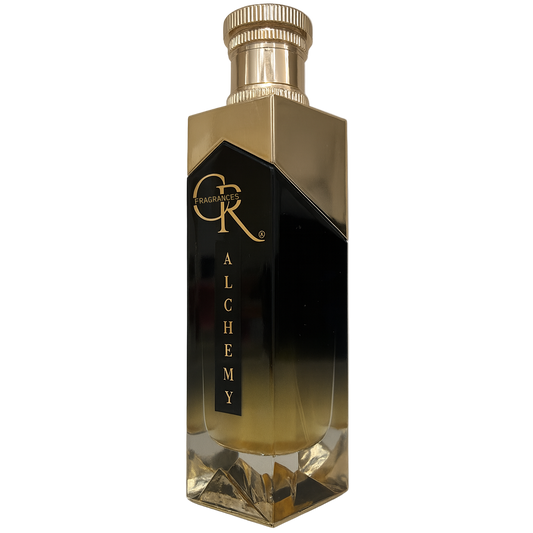 Gold and black perfume bottle with 'CR' logo on a white background