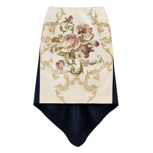 satin & denim embroidered skirt