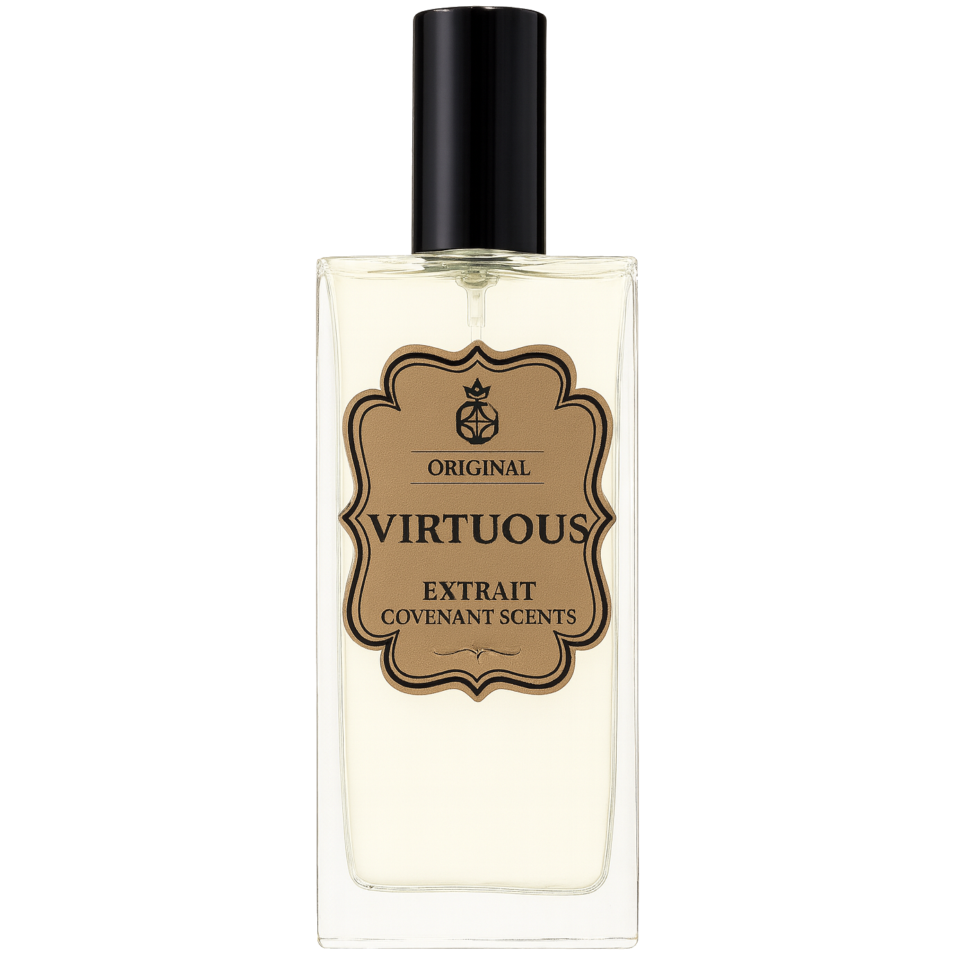 Virtuous perfume bottle with black cap on a white background