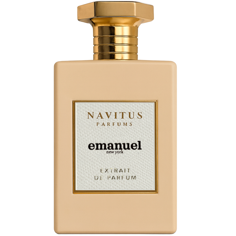 Perfume bottle with gold cap and beige body, featuring 'Navitus Parfums' branding.