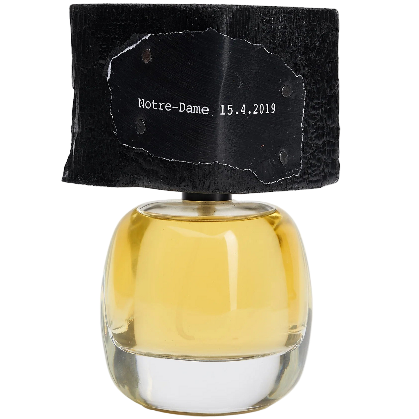 Perfume bottle with black wooden cap and clear glass body on a white background