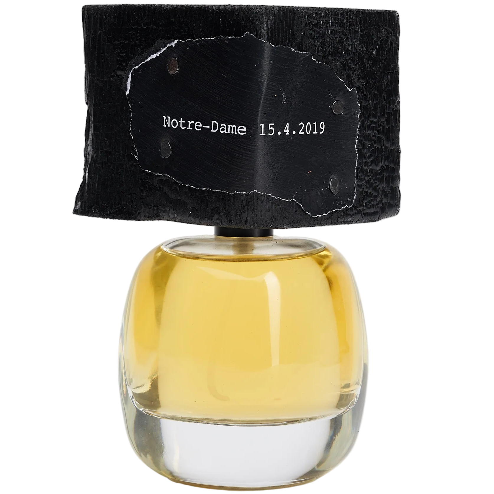 Perfume bottle with black wooden cap and clear glass body on a white background