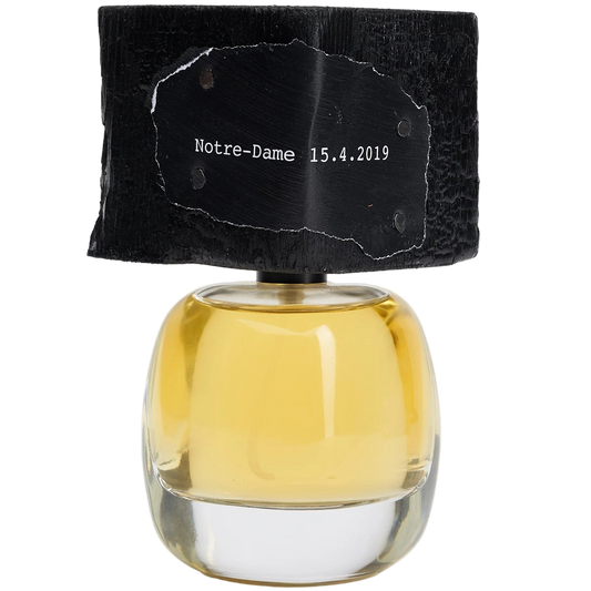 Perfume bottle with black wooden cap and clear glass body on a white background