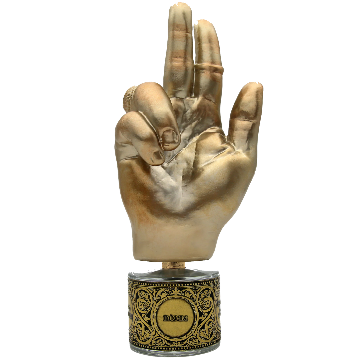 Gold perfume bottle with hand sculpture as cap on a white background