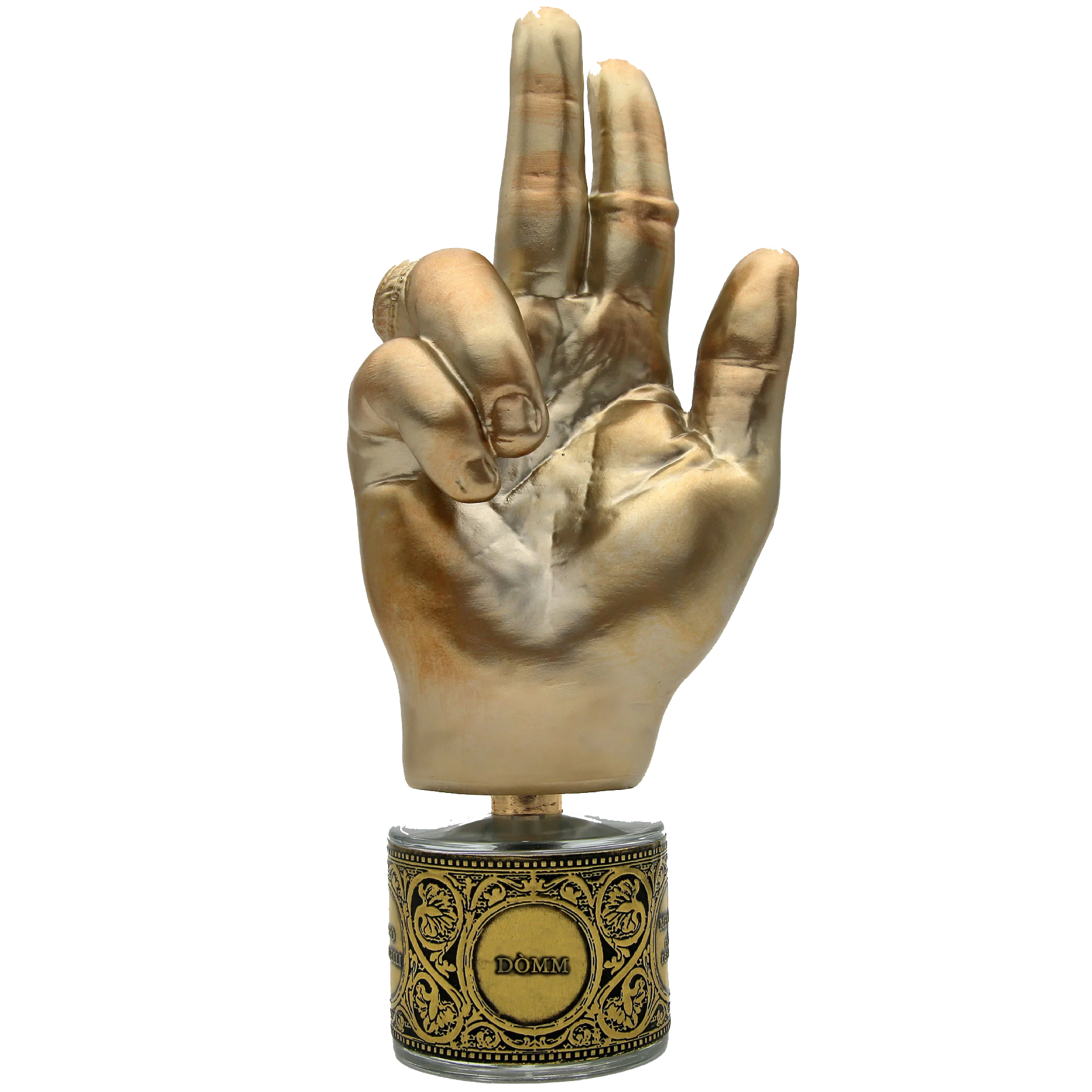 Gold perfume bottle with hand sculpture as cap on a white background