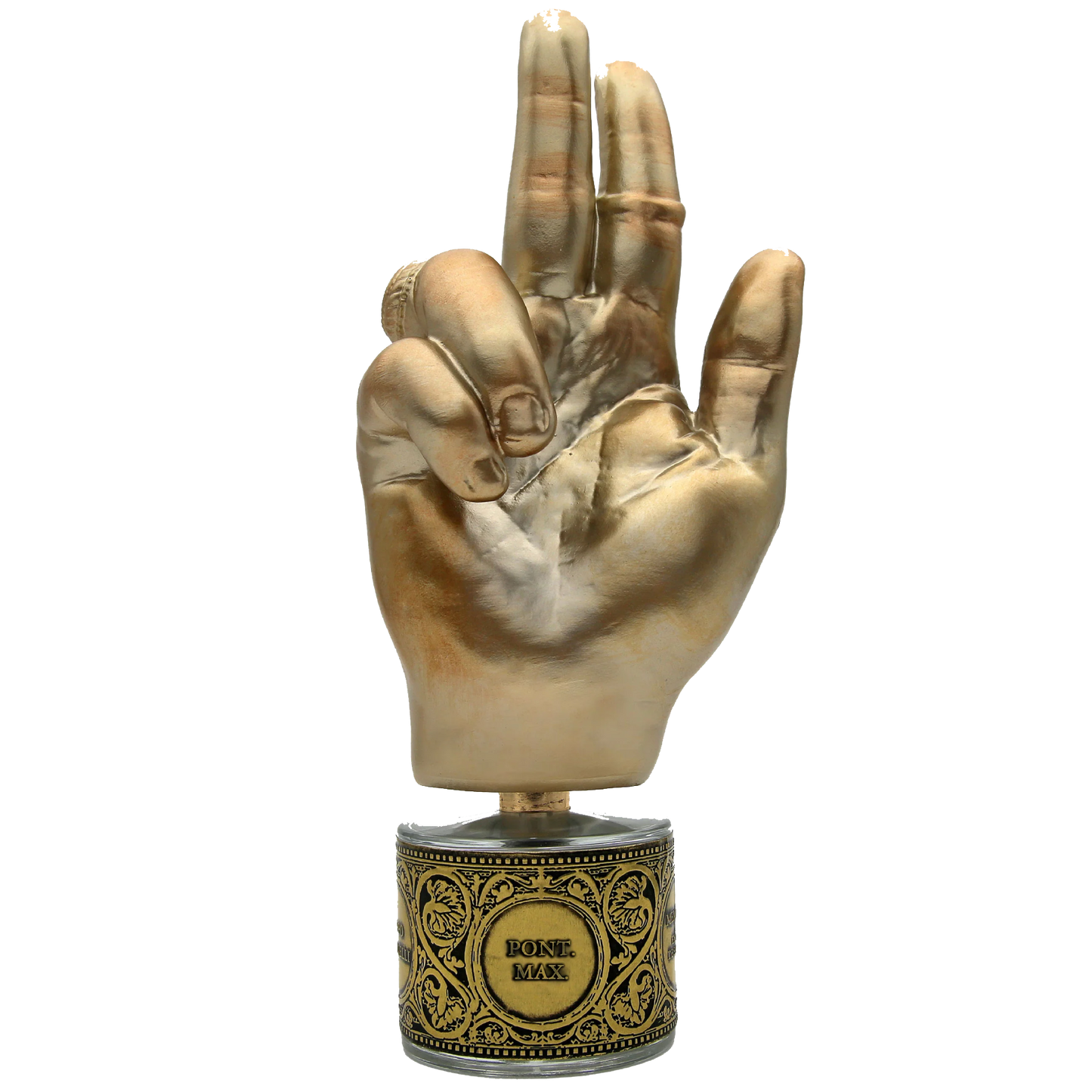 Gold perfume bottle with hand sculpture as cap on a white background