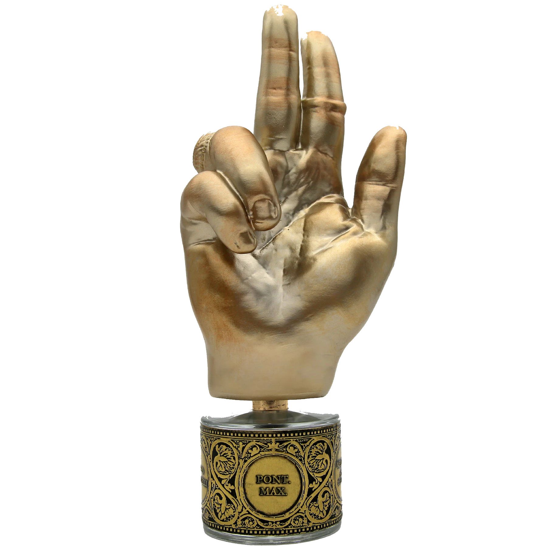 Gold perfume bottle with hand sculpture as cap on a white background