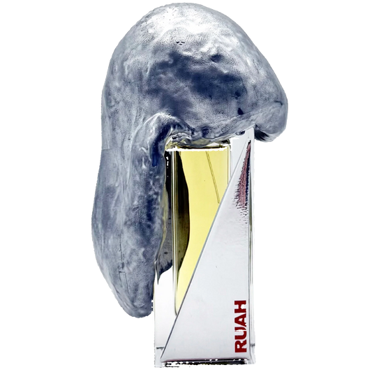 Silver and glass perfume bottle with 'RUAH' branding on a white background
