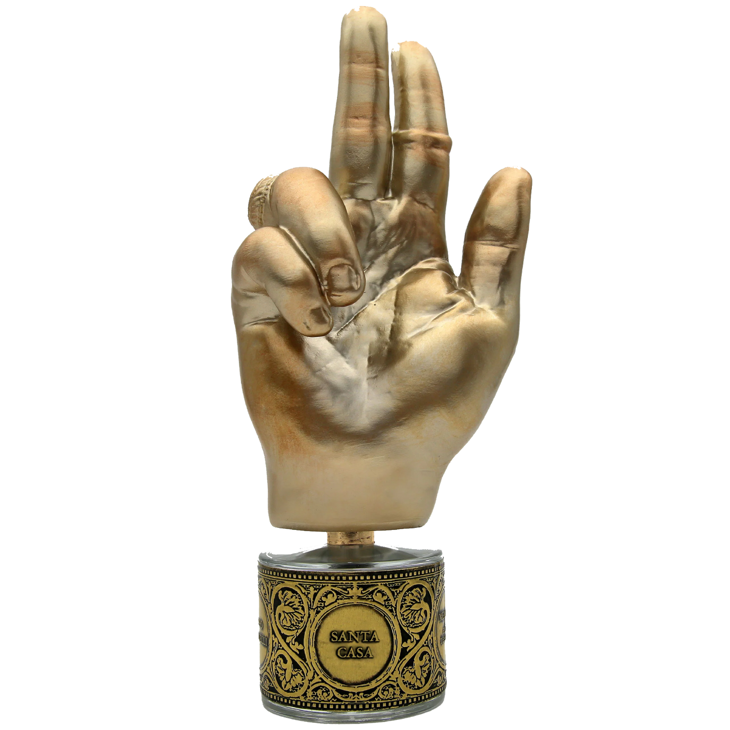 Gold perfume bottle with hand sculpture for a cap on a white background