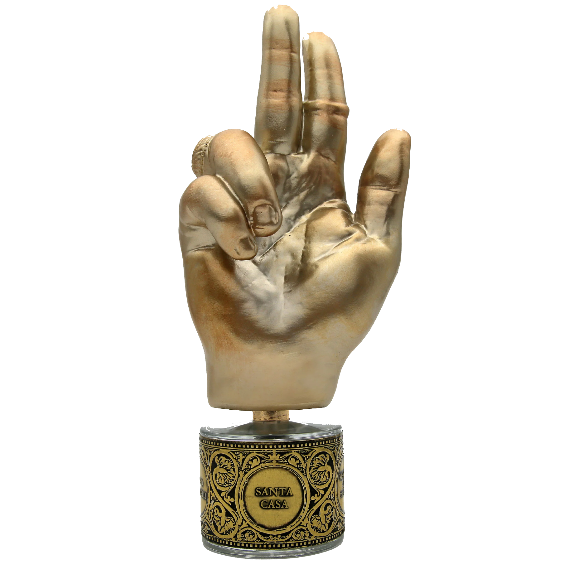 Gold perfume bottle with hand sculpture for a cap on a white background
