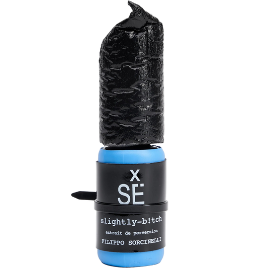 Black and blue perfume bottle with text on a white background