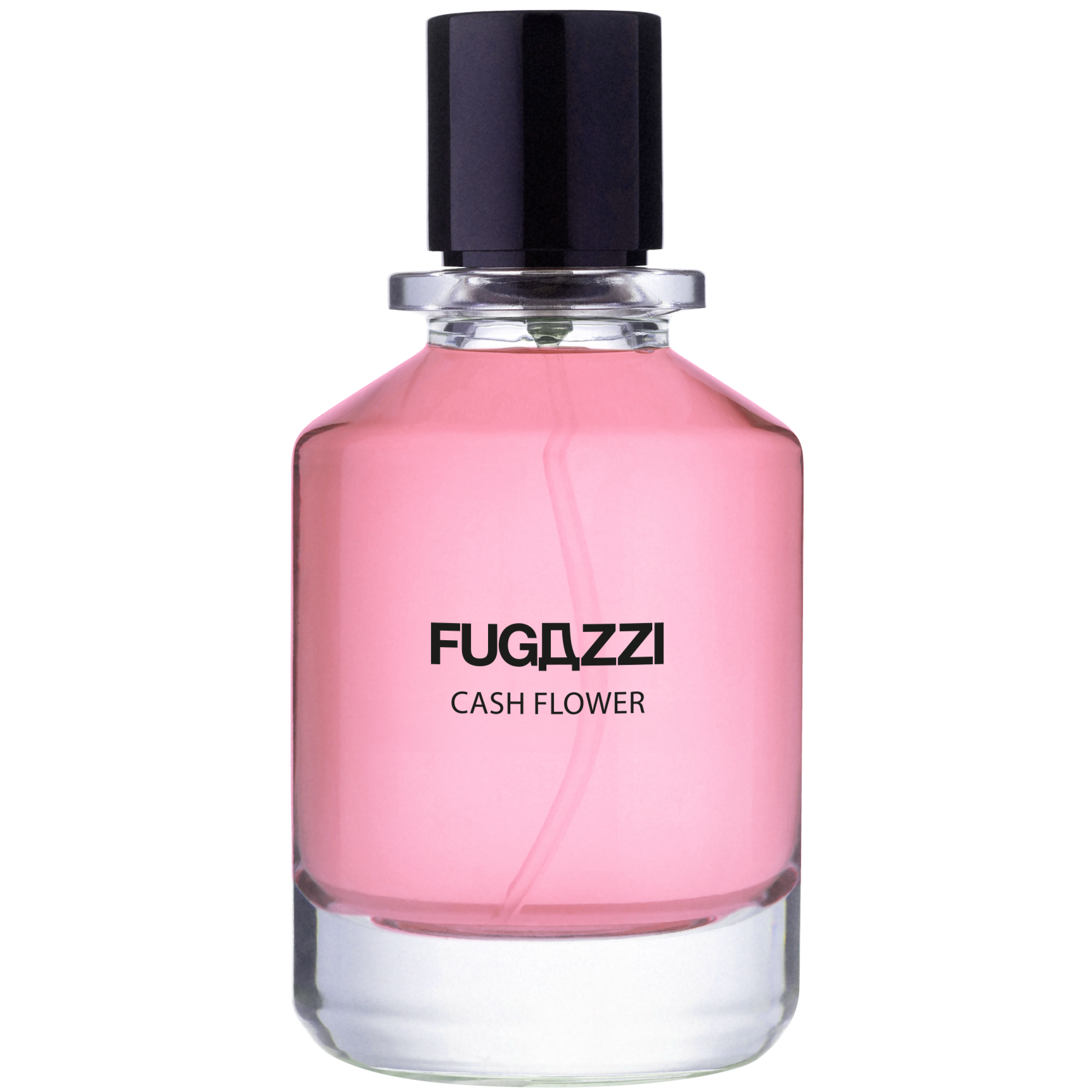 Pink perfume bottle with black cap labeled 'Fugazzi Cash Flower' on a white background
