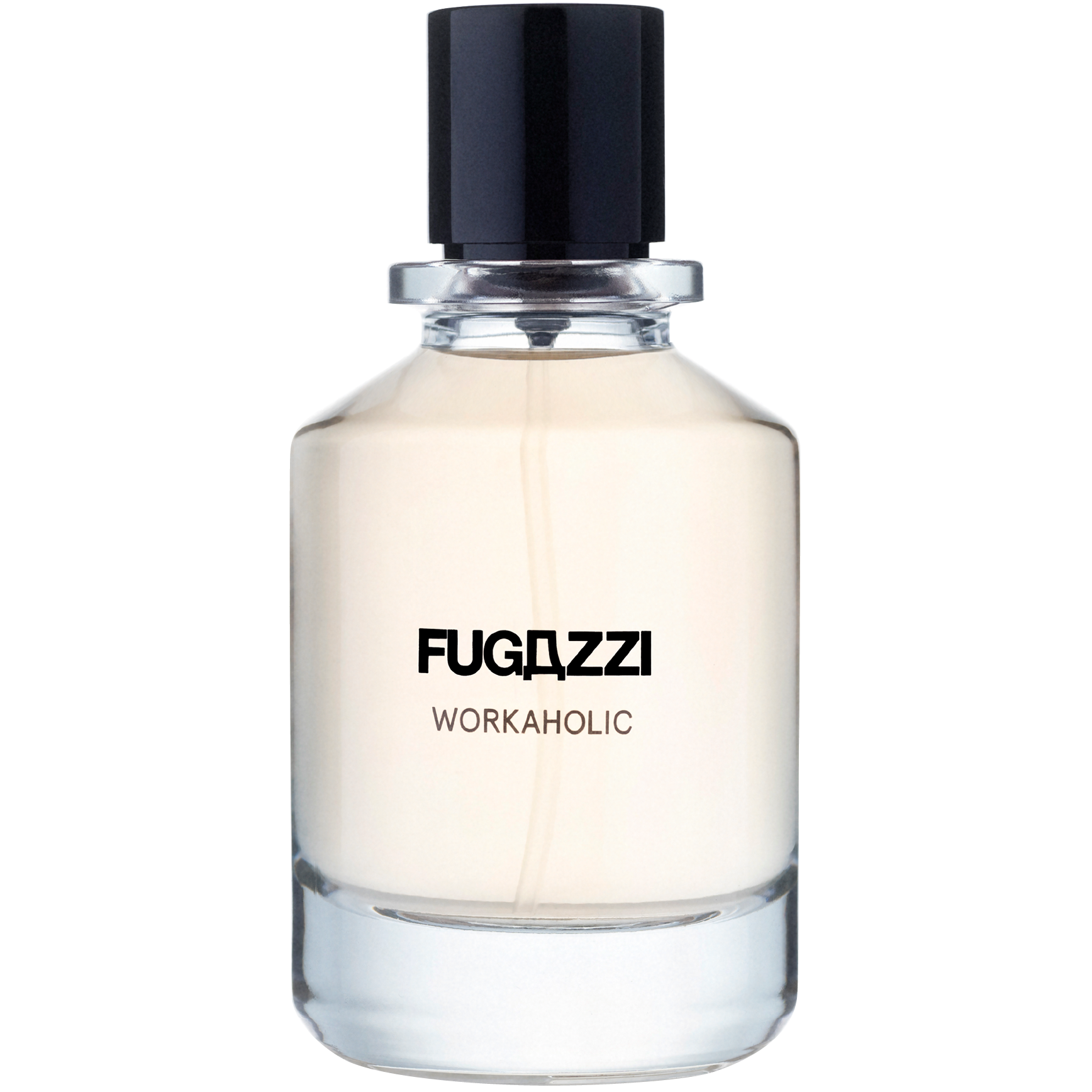 Fragrance bottle labeled 'Fugazzi Workaholic' on a white background