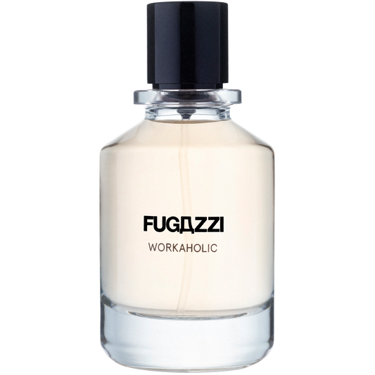 Fragrance bottle labeled 'Fugazzi Workaholic' on a white background
