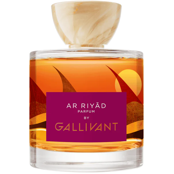 Perfume bottle with a colorful label on a white background