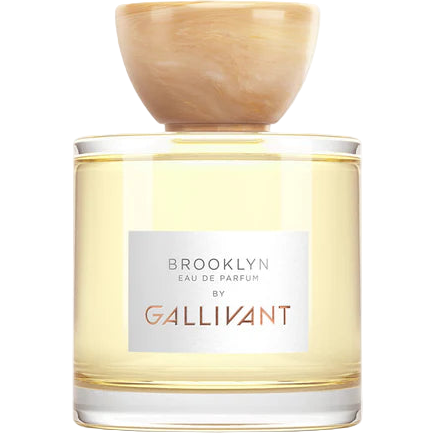 Perfume bottle labeled 'Brooklyn by Gallivant' with wooden cap on a white background