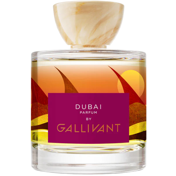 Perfume bottle with a colorful label featuring 'Dubai Parfum by Gallivant' on a white background