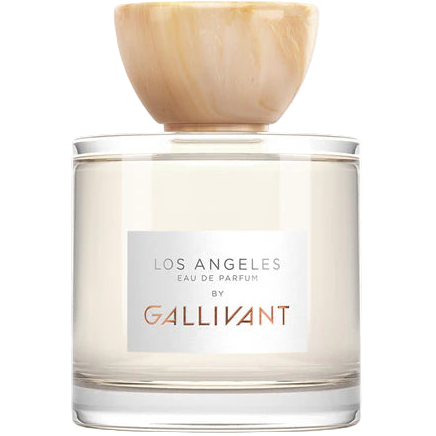 Perfume bottle labeled 'Los Angeles Eau de Parfum by Gallivant' with wooden cap on a white background