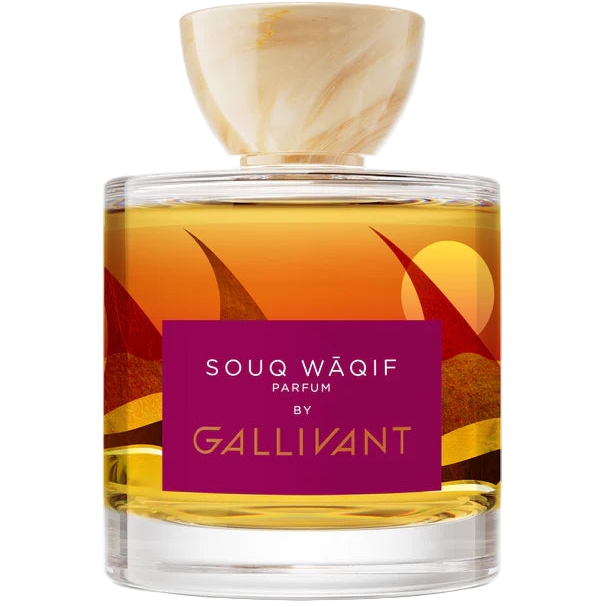 Perfume bottle with a colorful label featuring 'Souq Waqif' and 'Gallivant' on a white background