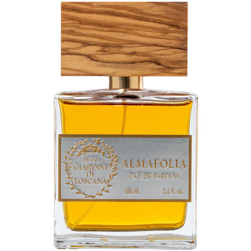 Perfume bottle with wooden cap on a white background
