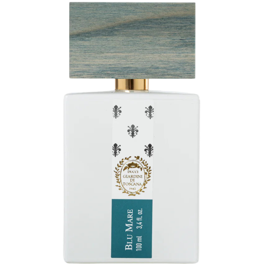 Perfume bottle with blue wooden cap on a white background