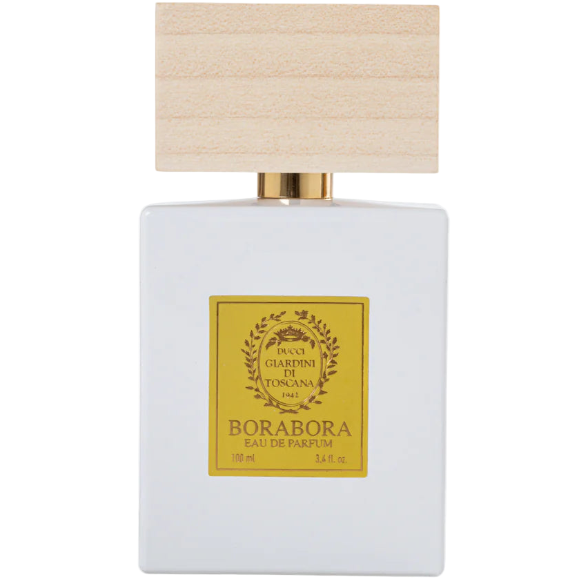 Perfume bottle with wooden spray nozzle on a white background