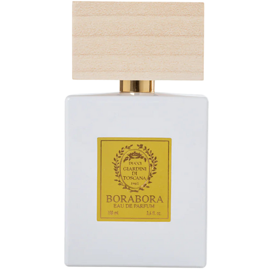 Perfume bottle with wooden spray nozzle on a white background