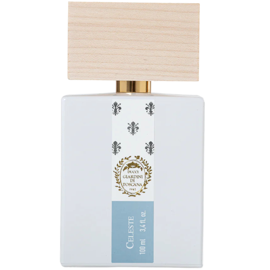 Perfume bottle with a white label featuring branding and product details on a white background