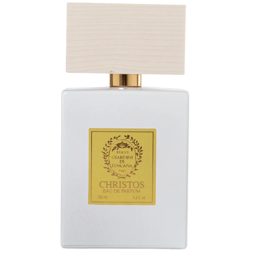 White perfume bottle with gold label on a white background