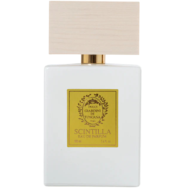 White perfume bottle with gold label on a white background