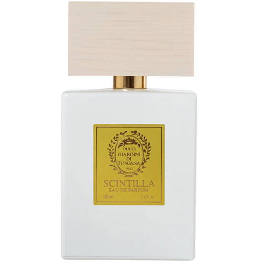 White perfume bottle with gold label on a white background