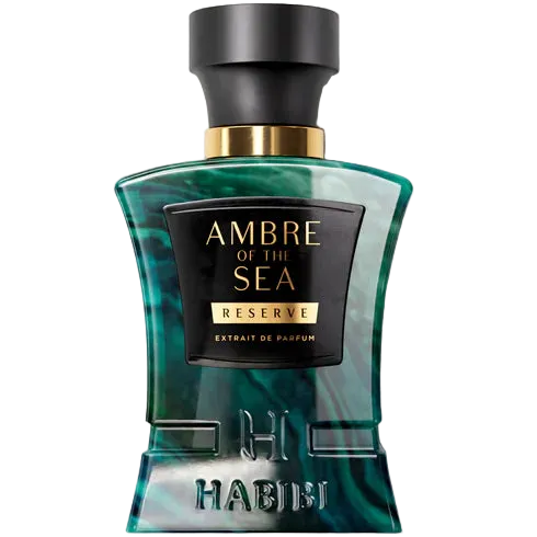 Perfume bottle labeled 'Ambre of the Sea Reserve' by Habibi on a white background